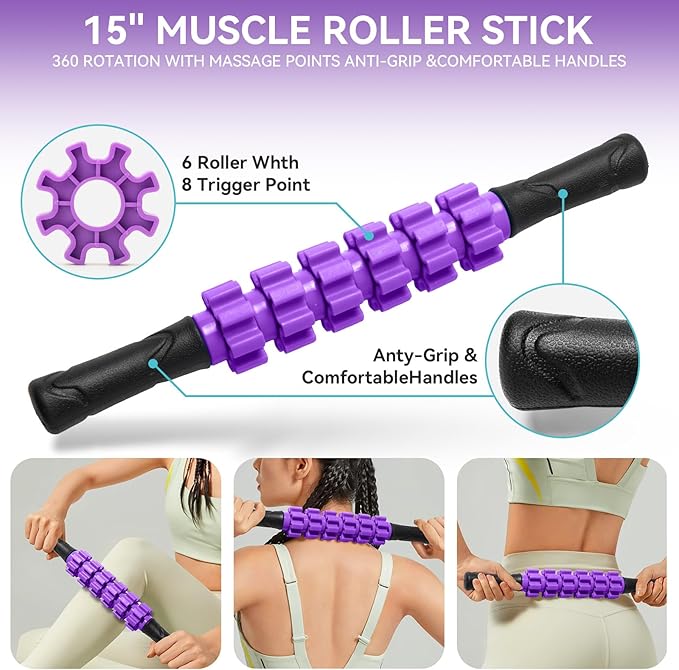 5 in1 Foam Roller Set, High Density Deep Tissue Massager for Muscle Massage, Massage Roller, Massage Ball, Resistance Band for Whole Body Physical Therapy Deep Muscle Massage (Purple)-CasaMuseHome