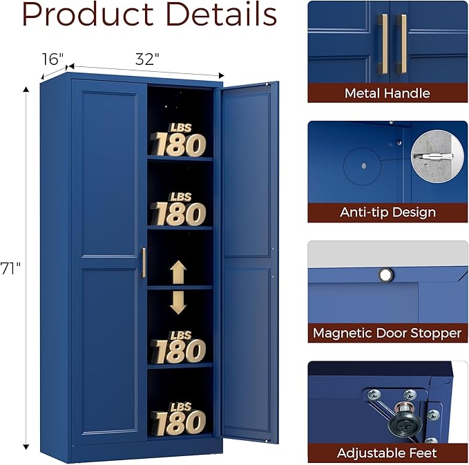 71" Metal Pantry Cabinet, Tall Kitchen Pantry Storage Cabinet with 4 Adjustable Shelves and Gold Handles, Blue Cupboard for Kitchen, Dining Room, Living Room-CasaMuseHome