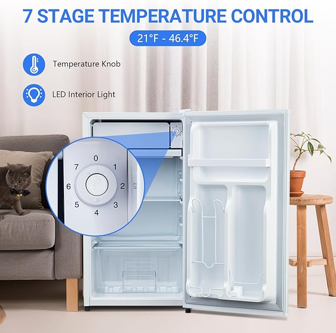 3.2 Cu.Ft Mini Fridge with Freezer, Small Refrigerator with Single Door and Adjustable Thermostat, Shelf, Energy Efficient, Compact Fridge for Bedroom, Office，white-CasaMuseHome