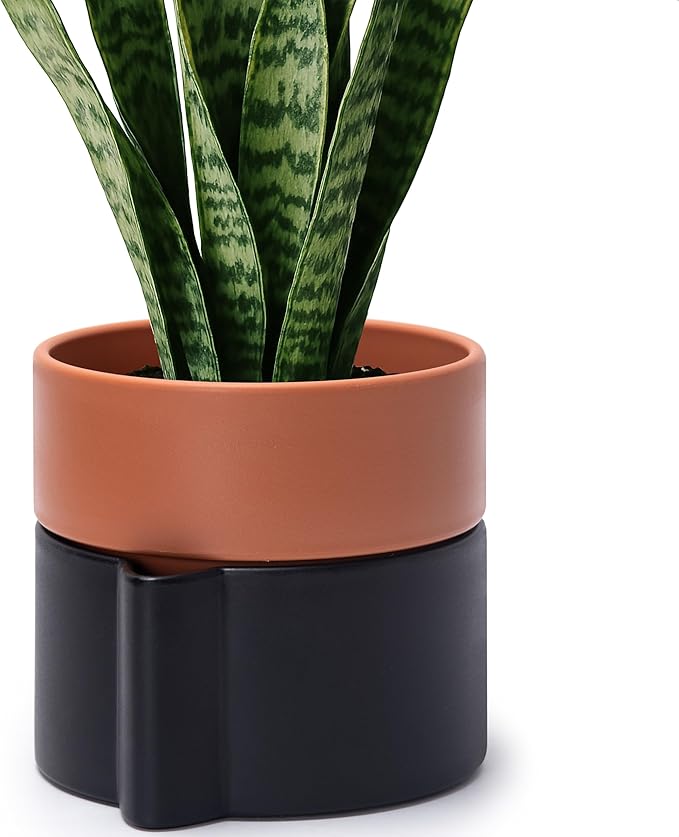 6.5 Inch Self-Watering Planter Pot with Terracotta Insert, Deep Water Reservoir, and Ceramic-Alike BPA-Free Plastic Pot for Plant, Modern Planter for Houseplants, Black/Terracotta, 53-B-S-5-CasaMuseHome