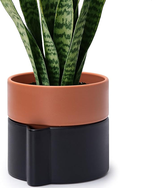 6.5 Inch Self-Watering Planter Pot with Terracotta Insert, Deep Water Reservoir, and Ceramic-Alike BPA-Free Plastic Pot for Plant, Modern Planter for Houseplants, Black/Terracotta, 53-B-S-5-CasaMuseHome