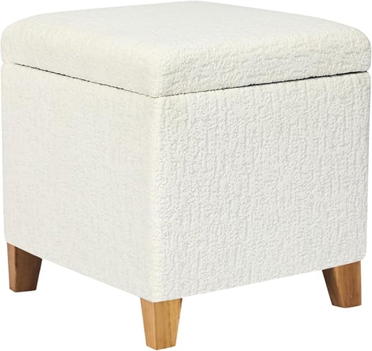 Adeco 18 Inch High Faux Fur White Cube Ottoman Storage, 3D Embossed Velvet Chair Foot Stools, Upholstered Vanity Stool with Hinged Lid, Solid Wood Legs-CasaMuseHome