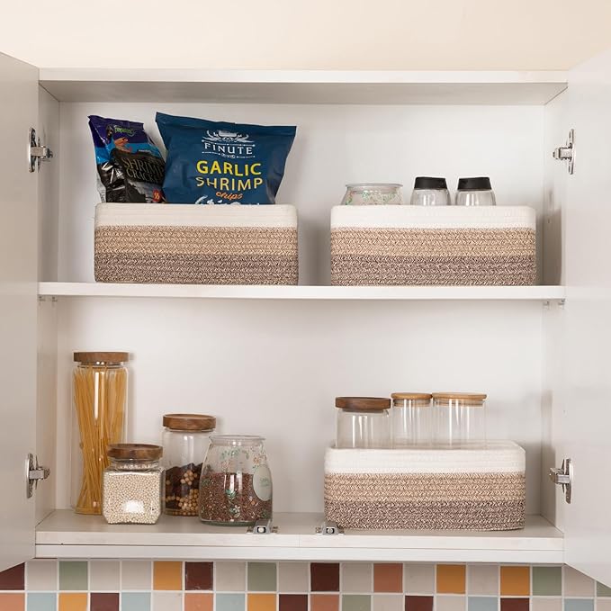 3 Pack Small Storage Baskets for Organizing, Cute Woven Decorative Gift Baskets for Shelves, Mini Closet Organizer Bins with Handles, 11.81''Lx7.87''Wx4.72''H-Brown White-CasaMuseHome