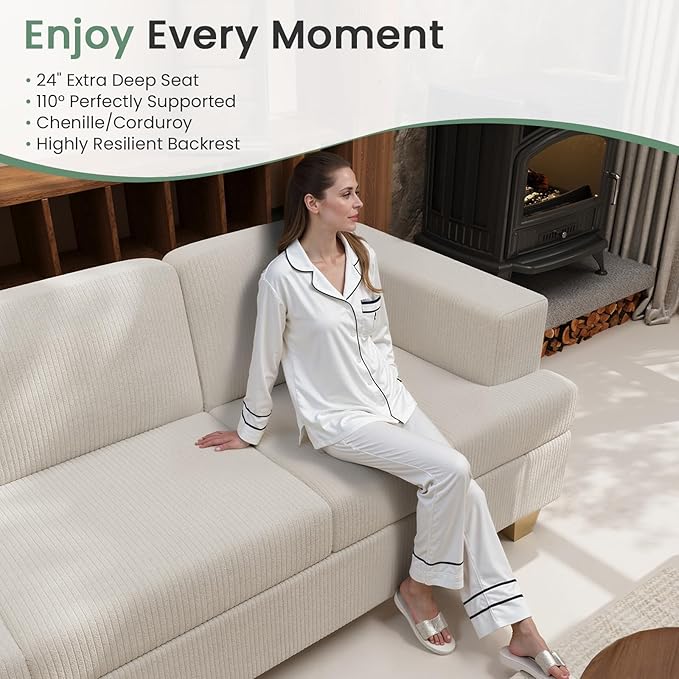 2 Pieces Corduroy Couch Set for Living Room, 6 Seats Cloud Sofa, Deep Seat Floor Couch for Bedroom, Futon Modern Sofa Bed, White Corduroy-CasaMuseHome