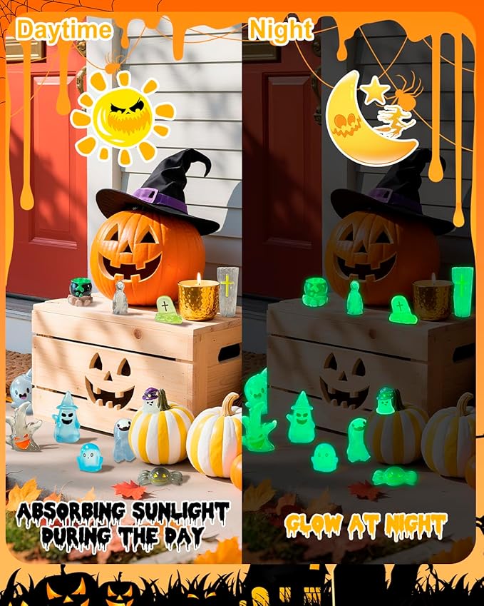 72 Pcs Halloween Mini Resin Animals Figures Kit - Luminous Tiny Resin Figurines Accessories, Glow in The Dark Miniature Ghost Figurines for Halloween Party, Micro Landscape, Tabletop Decor-CasaMuseHome