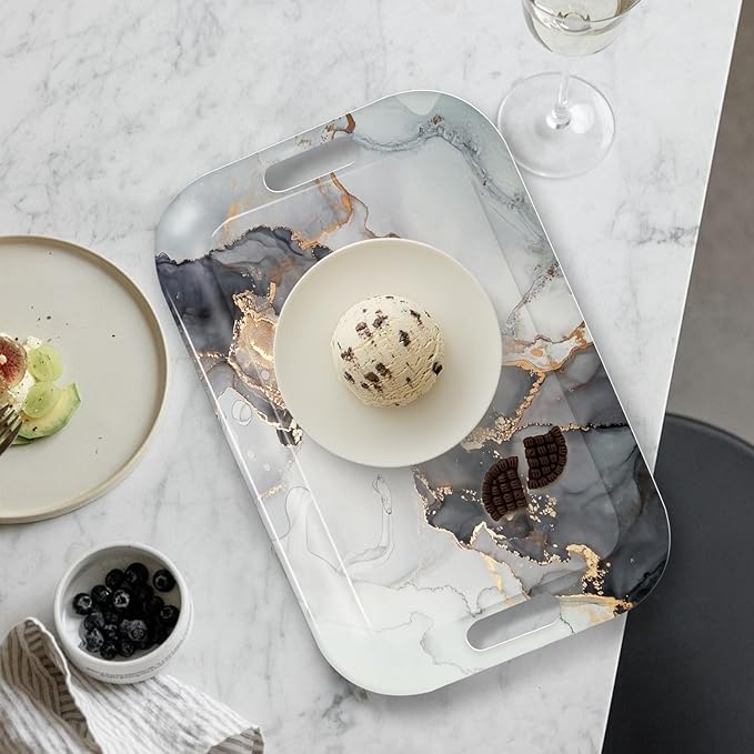 Serving Trays with Handles, 14.5 x 9.8 inch Rectangular Plastic Tray for Restaurant, Kitchen, Gray and Golden Marble-CasaMuseHome