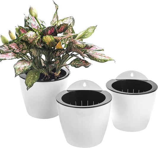 3 Pack Self Watering Wall Hanging Planter Pots Vertical Garden Window Hang Mount Indoor Outdoor Plant Flower Basket for Kitchen Herbs Balcony Railing Shelf Fence Bedroom Trellis Decor Modern White Box-CasaMuseHome