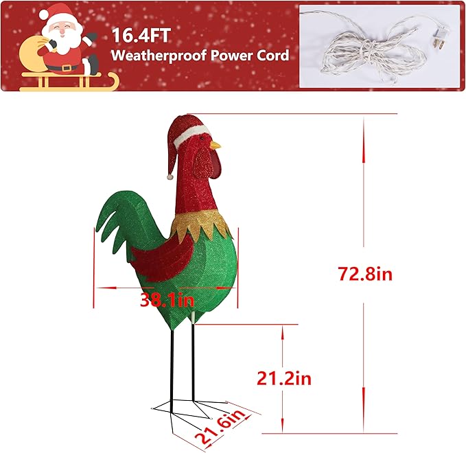 6FT Lighted Rooster with Christmas Hat for Outdoor Christmas Decorations, 3D Pre-Lit Iridescent Rooster Xmas Decor, Glittered Standing Holiday Display Rooster for Outdoor, Indoor-CasaMuseHome