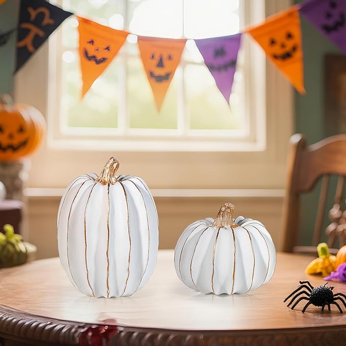 2Pcs Halloween Pumpkin Artificial Resin Pumpkins Decor for Mantel Harvest Autumn Tabletop Decoration Gold Fall Pumpkin Decorations Thanksgiving Table Centerpieces (Set C, ONE Size)-CasaMuseHome