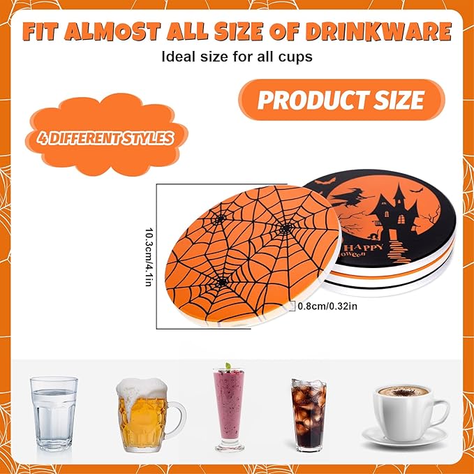 4Pcs Halloween Coasters Orange Black Round Ceramic Coaster Trick or Treat Heat-Resistant Cup Mats for Wooden Table Protection Home Party Supplies-CasaMuseHome