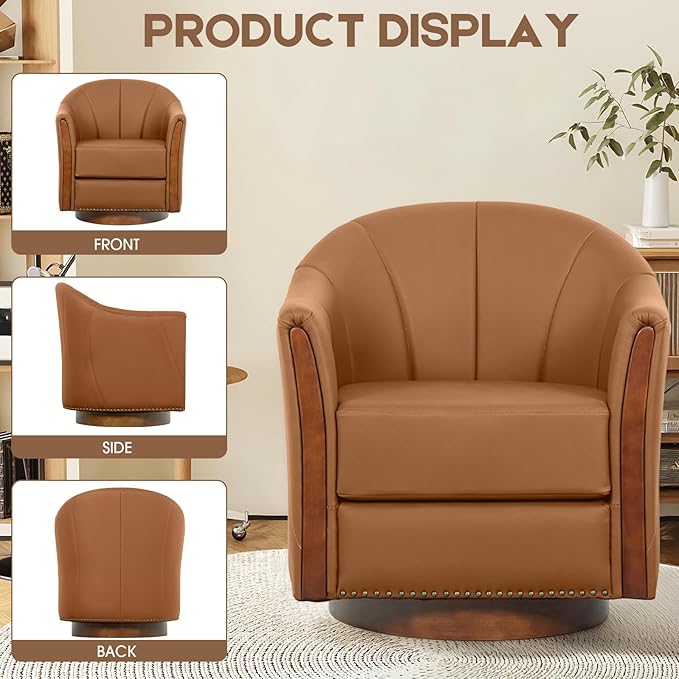 360° Swivel Accent Chair, Modern Leather Barrel Club Chair with Leather Upholstery and Sturdy Wood Base, Comfortable Armchair for Living Room, Bedroom, Reading Nook, Brown-CasaMuseHome