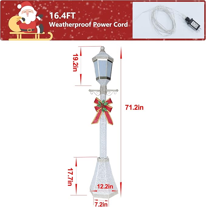 6FT Lighted Freestanding Lamp Post for Christmas Decoration, Pre-Lit Iridescent Post Lamp with 120 LED Lights & Removable Bow, Outdoor 3D Glittered Standing Festival Display, White-CasaMuseHome