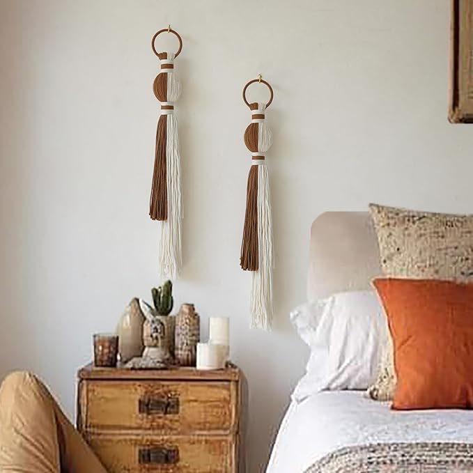 2Pcs Macrame Wall Hanging Boho Home Decor Fiber Art with Sphere Knots Tassels Handmade Yarn Art for Bedroom Living Room Office Entryway-CasaMuseHome