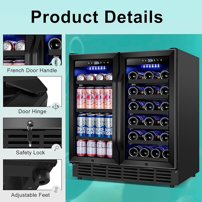30'' Wine and Beverage Refrigerator, Upgrade Dual Zone Wine Cooler, 30 Inch Wine beverage Fridge Built in or Freestanding Under Counter Large Capacity Glass Door Advanced Cooling System,Black-CasaMuseHome