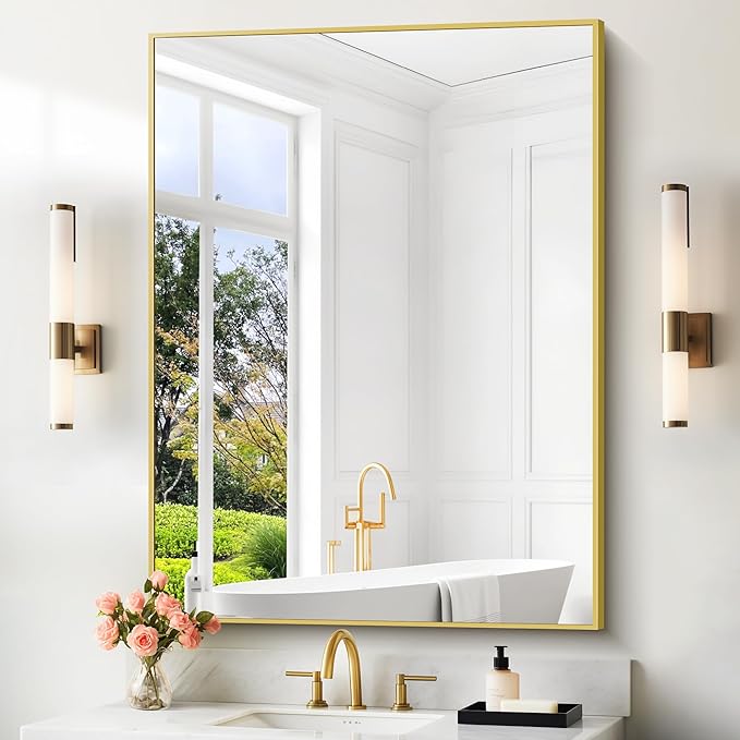 36x48inch Bathroom Mirror, Gold Rectangle Mirror with Thin Metal Frame, Large Rectangular Wall Mirrors for Bathroom, Living Room, Hair Salon, Big Farmhouse Mirror Hang Horizontal/Vertical-CasaMuseHome