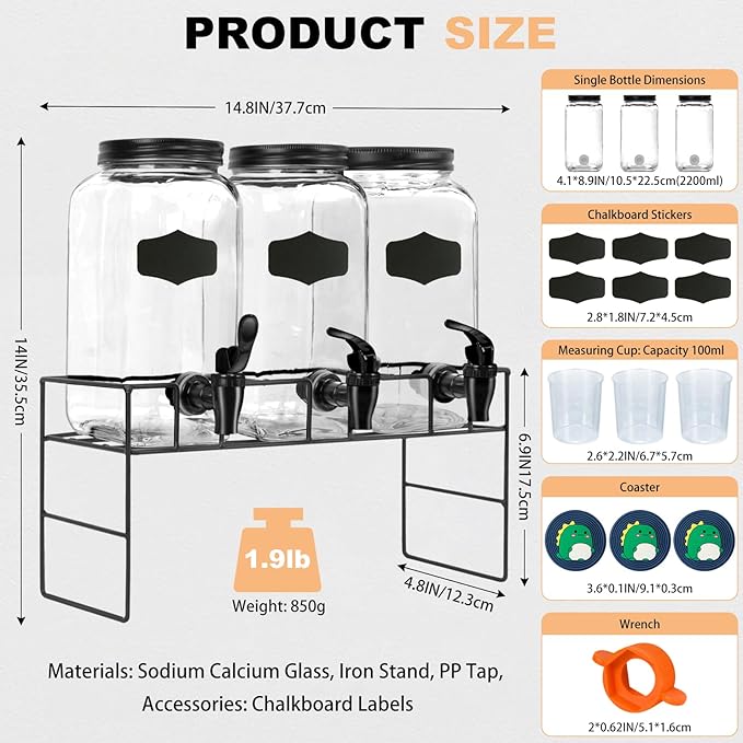 3-Pack 2.2L Glass Laundry Detergent Dispenser Set with Stand - Premium Liquid Soap Dispenser with PP Spigots, Measuring Cups, and Chalkboard Labels for Laundry Room Organization and Storage-CasaMuseHome
