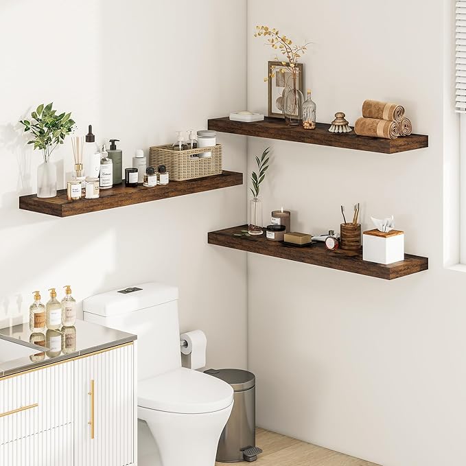12" Deep Floating Shelves for Wall 36 Inches Long, Heavy Duty Wall Shelves for Bedroom Bathroom Kitchen Laundry Room, Farmhouse Rustic Shelves for Home Decor, 36" X 12" X 2" Set Of 2, Rustic Brown-CasaMuseHome