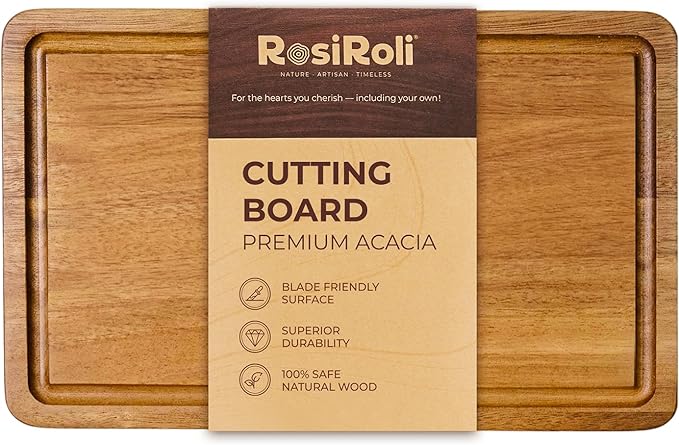 Acacia Wood Cutting Board for Kitchen - 0.8 inch Thick Wood Charcuterie Cheese Board with Side Handles and Juice Grooves, Wooden Chopping Block for Meat and Veggies, 11.5x7 inch-CasaMuseHome