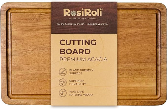 Acacia Wood Cutting Board for Kitchen - 0.8 inch Thick Wood Charcuterie Cheese Board with Side Handles and Juice Grooves, Wooden Chopping Block for Meat and Veggies, 11.5x7 inch-CasaMuseHome