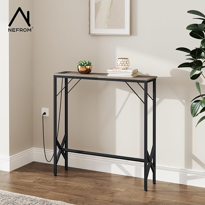 31.5‘’ Console Table, Skinny Entryway Table with Fast-Charging Station, Narrow Long Sofa Table, Behind Slim Couch Table for Entrance, Hallway, Living Room Decor ST-GY80-1-CasaMuseHome