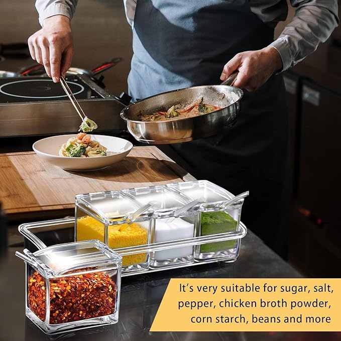 4-Cell Clear Seasoning Rack Spice Box, Storage Container Condiment Jars Acrylic Seasoning Box with Cover and Spoon (Basic Clear)-CasaMuseHome