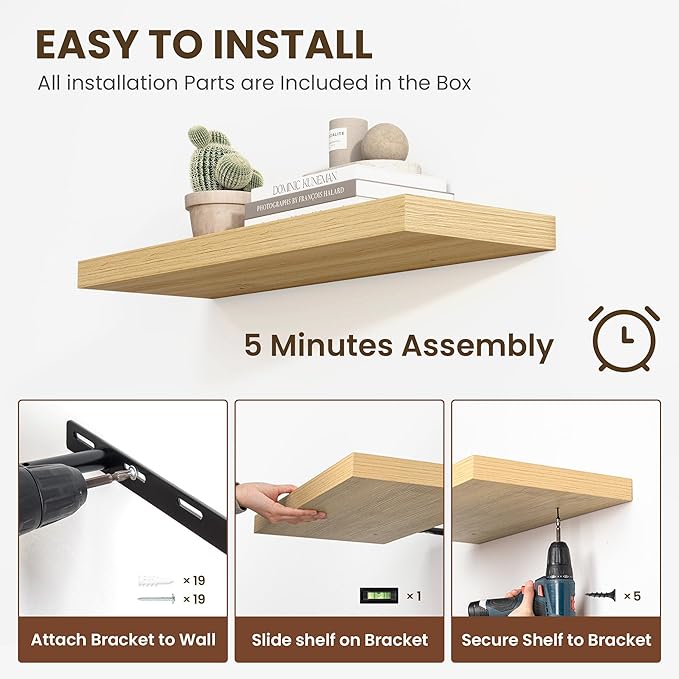 36 Inch Floating Shelves, 11.6 Inch Deep Floating Shelves for Wall, Floating Shelf with Invisible Brackets, Deep Shelves for Bathroom, Bedroom, Living Room, 2 Pack, Natural-CasaMuseHome