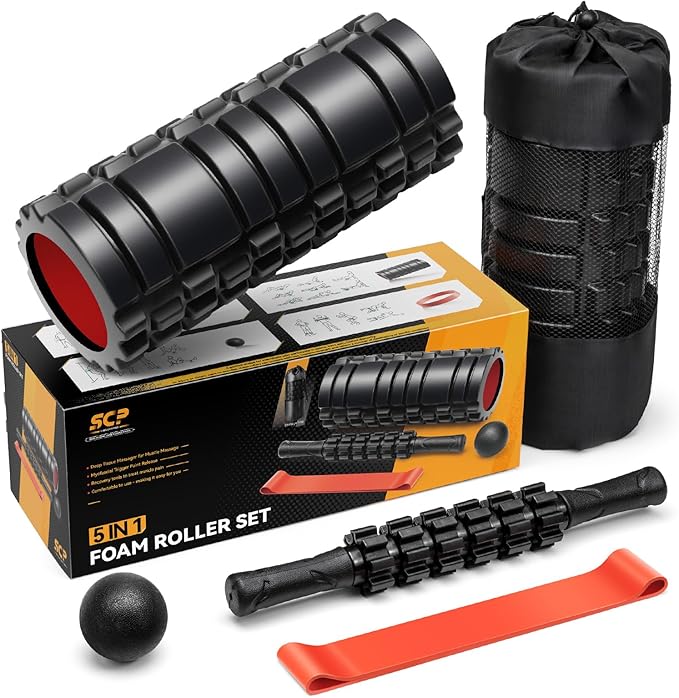 5 in1 Foam Roller Set, Trigger Point Foam Roller, Massage Roller Stick, Massage Ball, Resistance Band for Deep Muscle Massage Pilates Yoga,Fitness Exercise for Whole Body (Black-Red)-CasaMuseHome