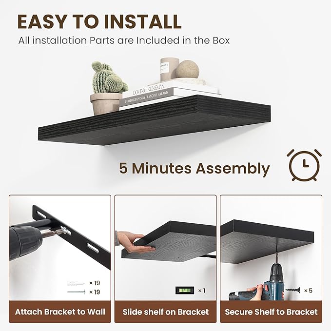 36 Inch Floating Shelves, 12 Inch Deep Floating Shelves for Wall, Floating Shelf with Invisible Brackets, Deep Shelves for Bathroom, Bedroom, Living Room, 2 Pack, Black-CasaMuseHome