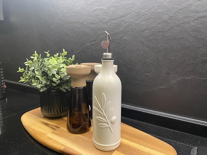 20 Oz Ceramic Olive Oil Dispenser Bottle, with Stainless Steel Spout & Funnel, Ideal for Oil, Vinegar, Coffee Syrup & Liquids (White)-CasaMuseHome