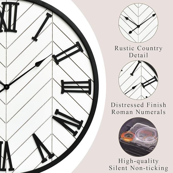 30 Inch Large Wall Clock Farmhouse Style - White Silent Non-Ticking Rustic Decor for Living Room, Kitchen, Bedroom-CasaMuseHome