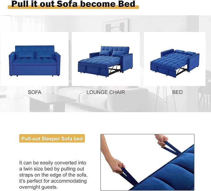 3 in 1 Sleeper Sofa Bed, Futon Sofa Bed for Living Room with Side Pocket, Blue Sleepers Sofas Couch with Pullout Beds, Convertible Love Seat Sleepers couch for Living Room, Bedroom, Small Space-CasaMuseHome