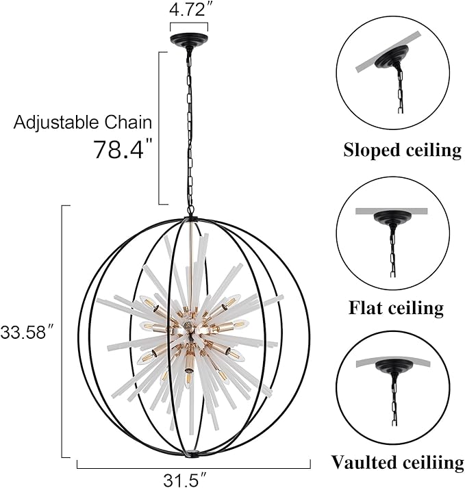 31.5" Black Gold 16-Light Globe Sputnik Chandelier Modern Industrial Adjustable Hanging Ceiling Pendant Light Fixture for Entryway Foyer Stairway Dining Living Room Hallway-CasaMuseHome