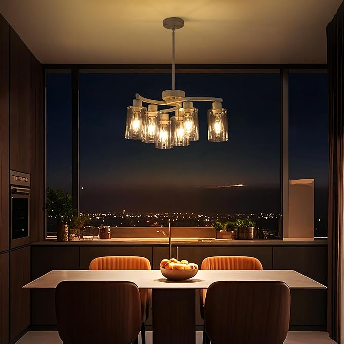 6-Light Antique White Chandelier with Clear Glass Shade, French Country Chandeliers for Dining Room, Adjustable Height Hanging Farmhouse Pendant Lighting for Kitchen Island Entryway Office-CasaMuseHome