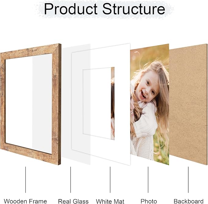 8x10 Picture Frame Set of 4, 8 x 10 Wood Photo Frames with Mat for 5x7, Natural Wooden Frame with Real Glass Cover for Wall and Tabletop Display,Brown-CasaMuseHome
