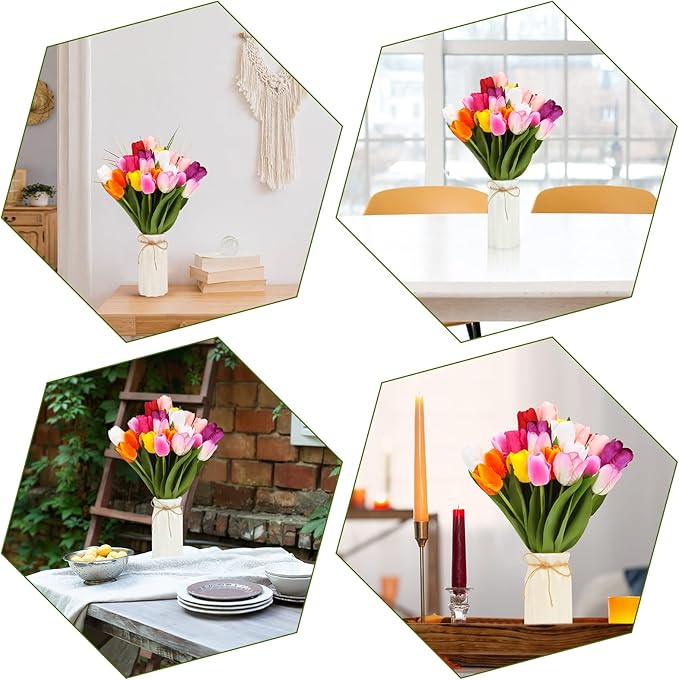 27pcs Colorful Artificial Flowers Tulips, Tulips with 1pc Plastic Vase, Fake Flowers Real Touch Flower 13.9", Christmas, Mother's Day, Easter, Valentine's Day, Family Kitchen, Wedding Decorations-CasaMuseHome