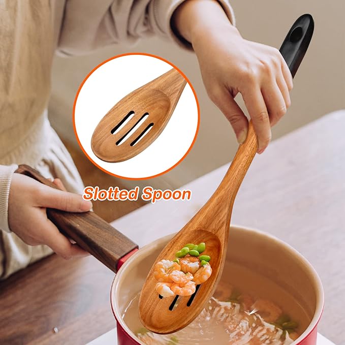 14 Inch Large Wooden Spoons for Cooking Utensils Set Acacia Wood Spatula Slotted Spoon Best Non Toxic Kitchen Utensil Long Mixing Spoon Spatulas Turner Stirring Serving Spoons Kitchen Use Tools-CasaMuseHome
