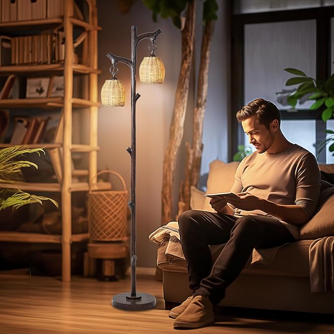 68" High Farmhouse Rustic Country Cottage Floor Lamp Tree Trunk Faux Wood Column Dark Bronze Wicker Drum Shade Decor for Living Room Bedroom Reading Room-CasaMuseHome