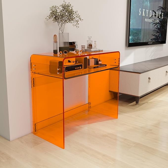 Acrylic Desk, Orange Table, Acrylic Console Table for Office, Study, Bedroom, Entrance Decor (15.5" D x 33.5" W x 29.3" H, Orange)-CasaMuseHome