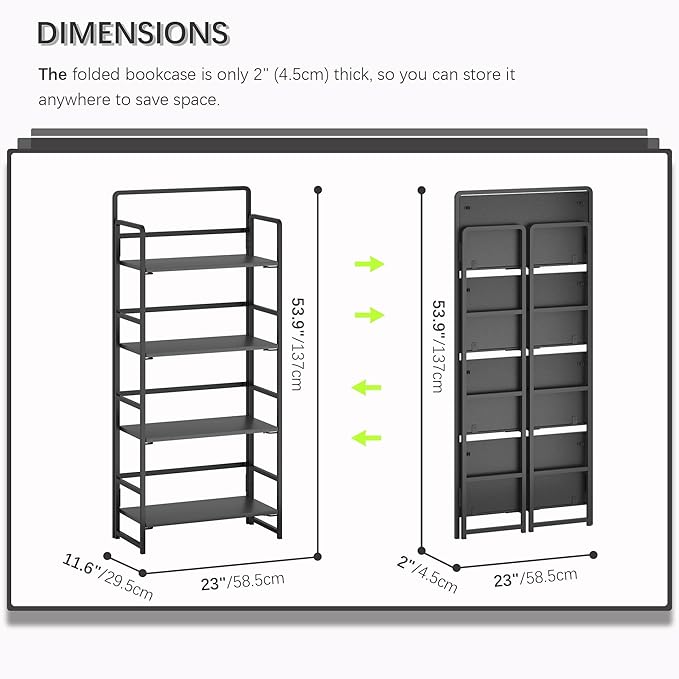 4NM No Assembly Foldable Bookshelf, 4-Shelf Collapsible Bookcase Storage for Small Spaces, 54" H, All Black-CasaMuseHome