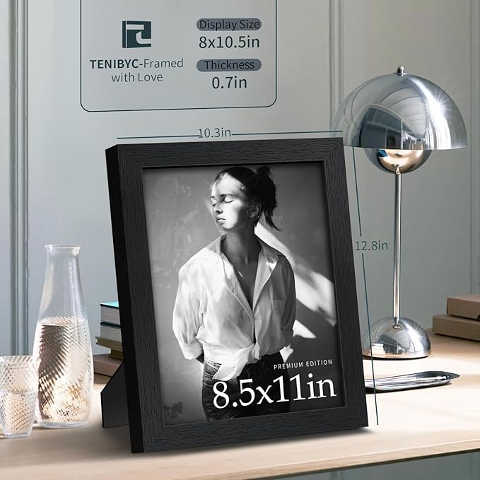 8.5x11 Picture Frame Set of 3 - Black Woodgrain, Solid Wood & HD Tempered Glass, Table Display or Wall Hanging-CasaMuseHome