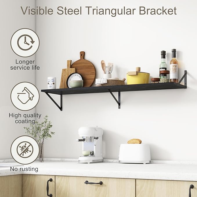 12 Inch Deep Floating Shelves, Black Floating Shelves 48W x 12D, Deep Wall Shelves Bracket Set of 2, Large Display Hanging Floating Shelf for Bathroom, Living Room, Wide Storage Wooden Wall Shelf-CasaMuseHome