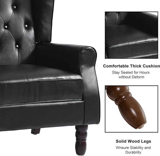 Accent Chair, Upholstered Armchair with Button Tufted High Back & Solid Wood Legs, Comfy Wingback Reading Single Sofa Chair for Small Spaces, Living Room, Bedroom (Leather Black, Set of 2)-CasaMuseHome