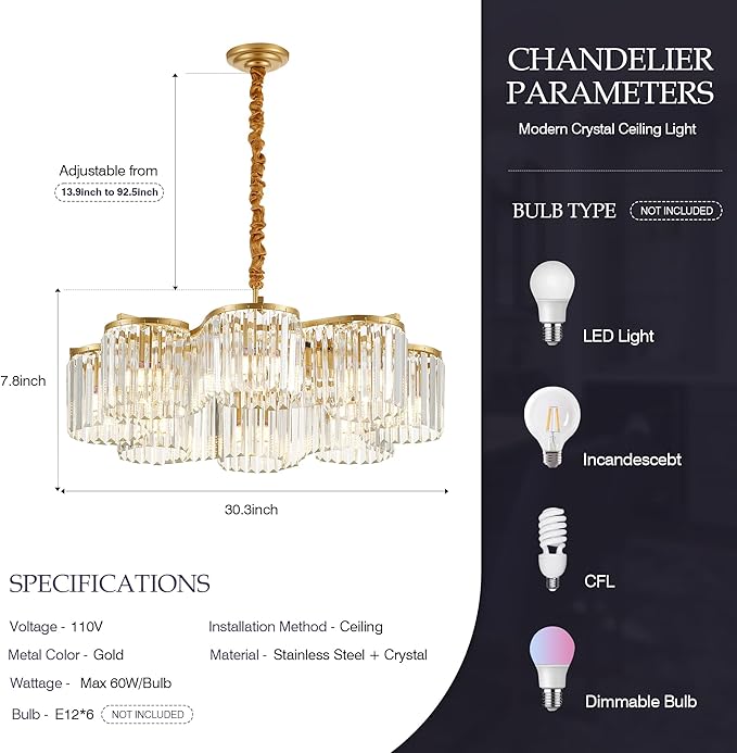 30.3“ Gold Semi Flush Mount Ceiling Light Fixtures, 8-Light Gold Modern Crystal Chandelier Height Adjustable Pendant Lighting for Bedroom Entryway Hallway Kitchen Island Living Room Foyer-CasaMuseHome