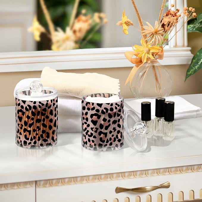 2 Pack Qtip Holder Dispenser Rose Gold Black Leopard Bathroom Storage Canister Lid Acrylic Plastic Apothecary Jar Set Vanity Makeup Organizer for Cotton Swab/Ball/Round Pads, Floss-CasaMuseHome