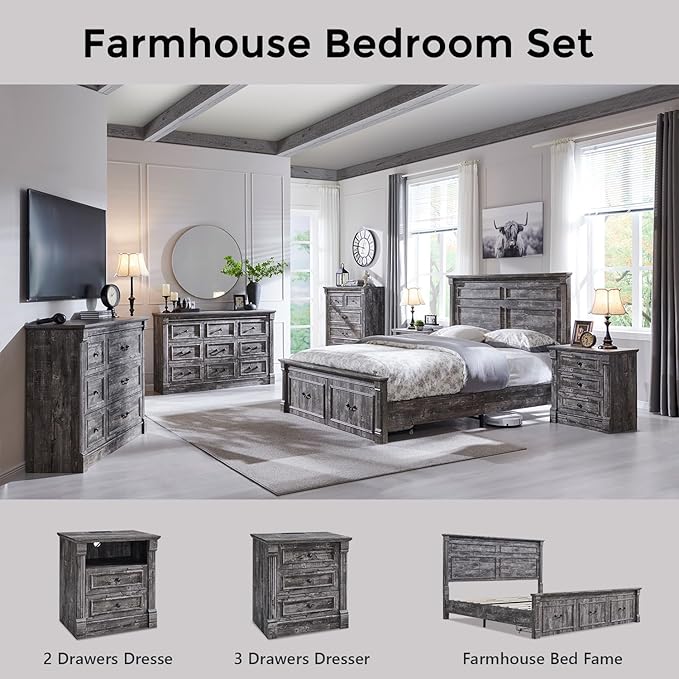26" Tall Farmhouse Nightstand, 3 Drawers End Table w/Charging Station, 23.6" Wide Large Side Table w/Roman Column, Wood Rustic Sofa Table for Bedroom, Light Gray-CasaMuseHome