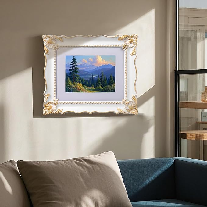 8x10 Vintage Picture Frame with Embossed Flower Design, White Ornate Frame for 8x10 or 5x7 Pictures with White Mat, Hand-Crafted Resin Antique Frames for Tabletop & Wall Hanging, Home Decor (White)-CasaMuseHome