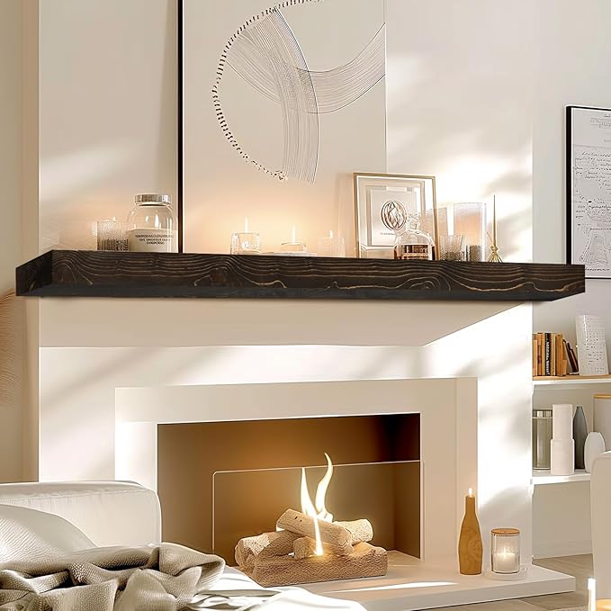 60x8x3 Fireplace Mantel - Solid Rustic Wood - Wall Mounted Floating Shelf with Invisible Heavy Duty Steel Bracket (Weathered Black)-CasaMuseHome