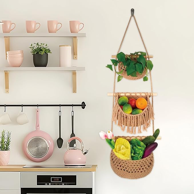 3 Tier Hanging Fruit Basket for Kitchen, Handmade Woven Cotton Hanging Wall Basket for Fruit Vegetable with 6 Hooks, Boho Style Over The Door Organizer for Living Bathroom Bedroom-CasaMuseHome