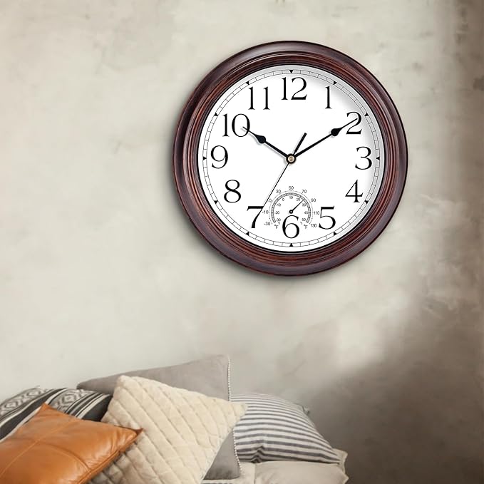 8.5 Inch Outdoor Wall Clock with Thermometers, Vintage Silent Wall Clocks Battery Operated, Retro Non-Ticking Clock Decorative for Living Room, Patio, Kitchen, Office, Bathroom, Bedroom(Bronze)-CasaMuseHome