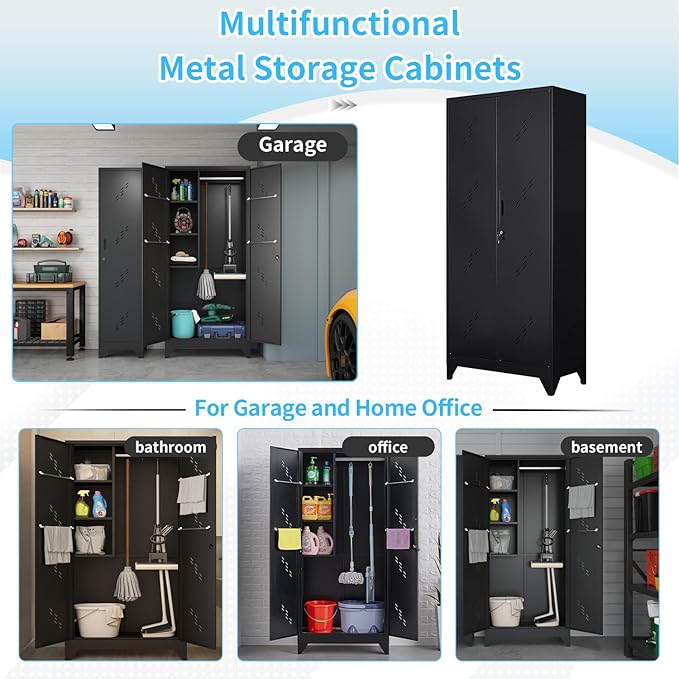 75" Metal Storage Cabinet, Tool Cabinets with Hooks, Garage Storage Cabinet with Lock, Heavy-Duty Tool Cabinet for Utility Room, Gym, Basement, Broom Closet Cabinet, Black-CasaMuseHome
